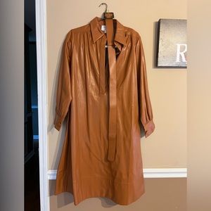 Tan faux leather midi dress.